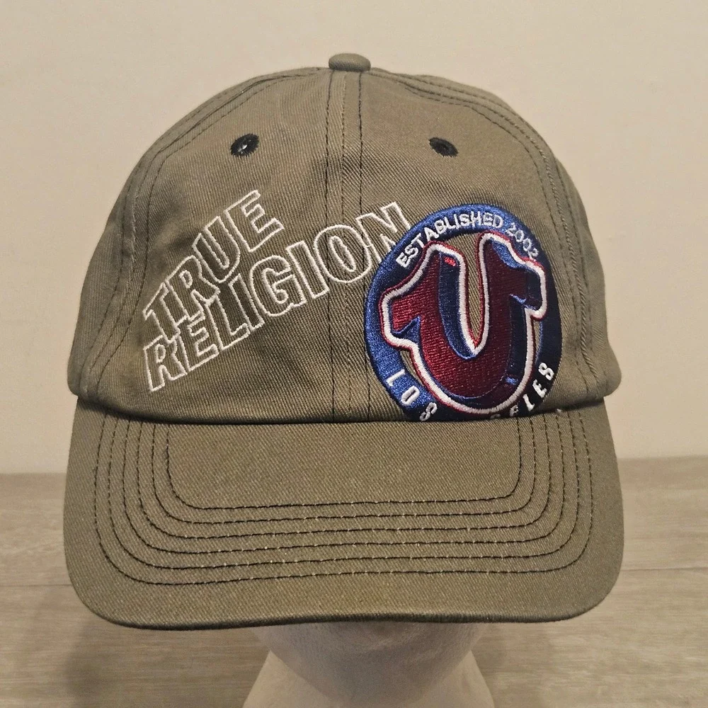True Religion Mens Olive Green Baseball Cap Horseshoe Logo Adjustable Hat Cotton